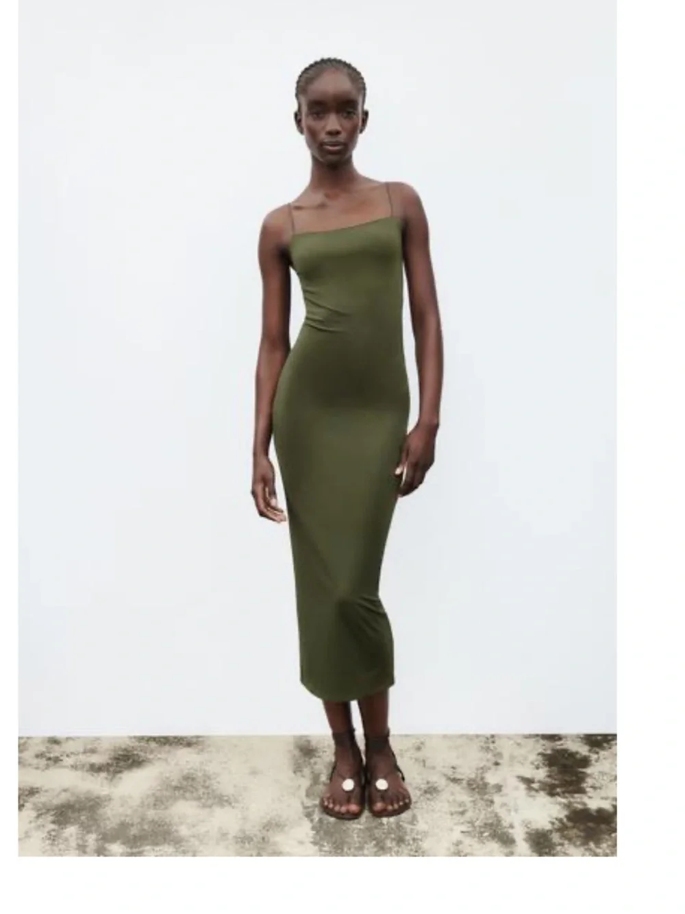 ZARA Long Maxi Stretchy Fitted Bodycon Dress Olive Green, XS - Picture 2 of 2